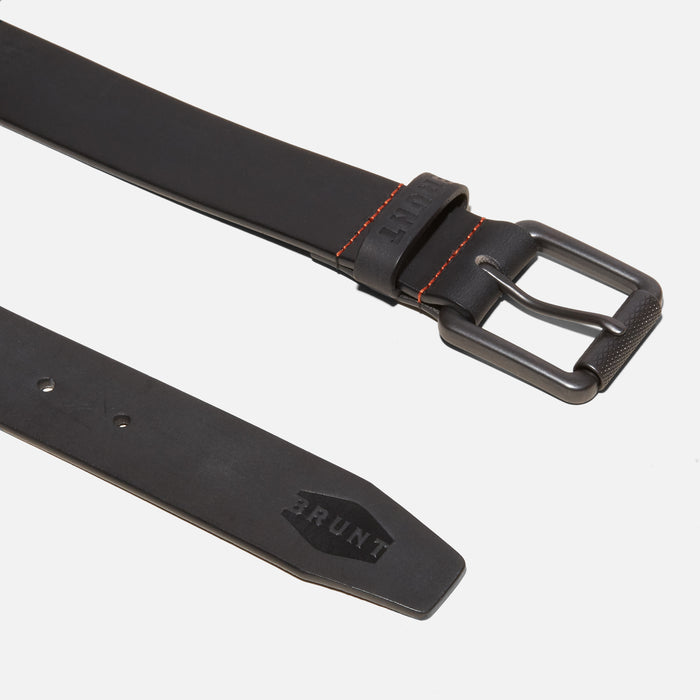 View 1 buckle and end of leather belt with orange stitching and embossed BRUNT logo in black * 1
