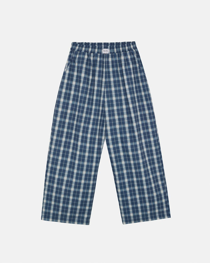 LIAR PANTS BLUE - blue plaid women's sweatpants, front view - Cold Culture
