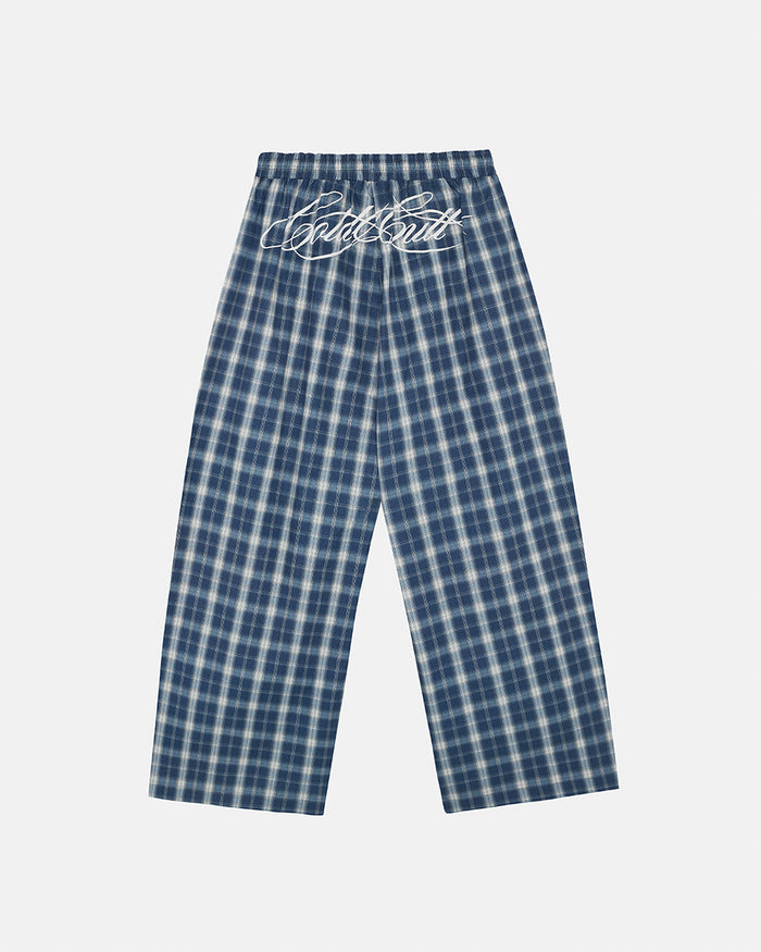LIAR PANTS BLUE - blue plaid women's sweatpants, back view - Cold Culture