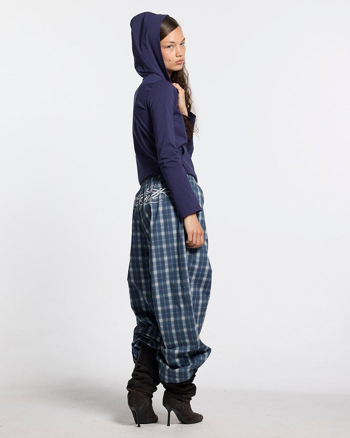 LIAR PANTS BLUE - blue plaid women's sweatpants, side view - Cold Culture