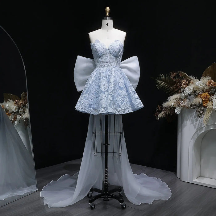 Light Blue Strapless Lace Short Prom Dress with Oversized Bow Train RM138 Sheer Fairy