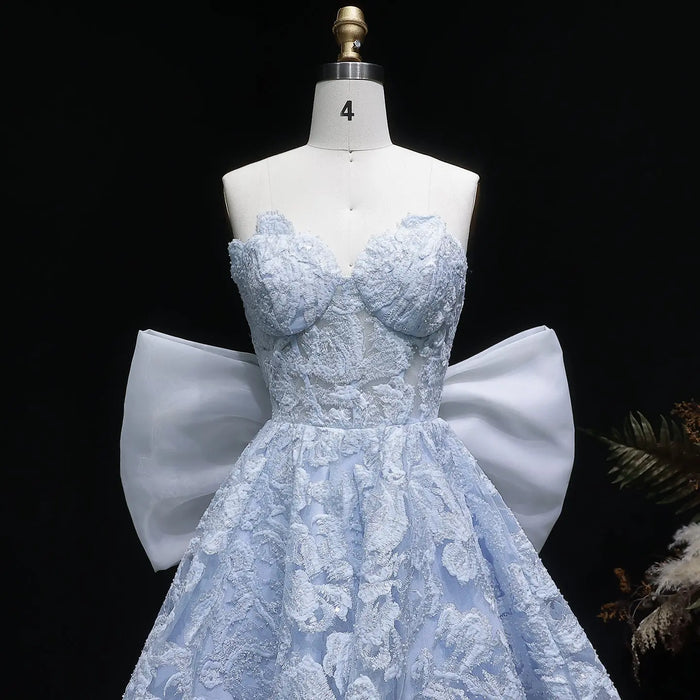 Light Blue Strapless Lace Short Prom Dress with Oversized Bow Train RM138 Sheer Fairy