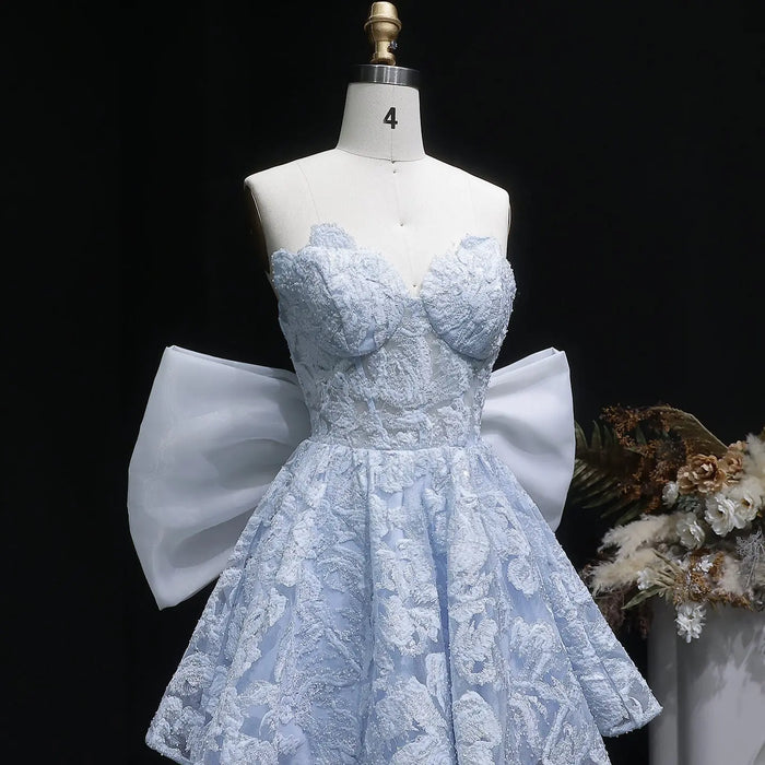 Light Blue Strapless Lace Short Prom Dress with Oversized Bow Train RM138 Sheer Fairy