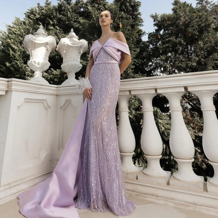 Lilac Modest Evening Dress with Satin Cape Overlay & Crystal Beaded SS624 Sheer Fairy