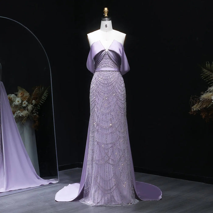 Lilac Modest Evening Dress with Satin Cape Overlay & Crystal Beaded SS624 Sheer Fairy