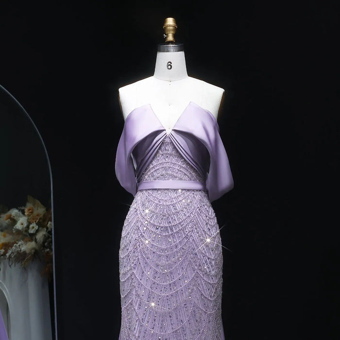 Lilac Modest Evening Dress with Satin Cape Overlay & Crystal Beaded SS624 Sheer Fairy
