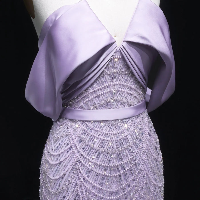 Lilac Modest Evening Dress with Satin Cape Overlay & Crystal Beaded SS624 Sheer Fairy