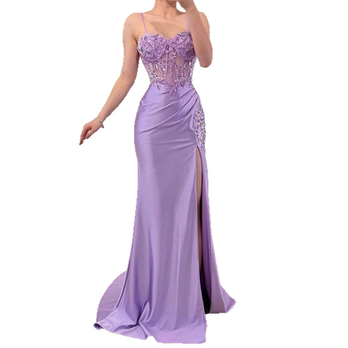 Lilac Satin Mermaid Prom Dress with Beaded and High Split LA73569
