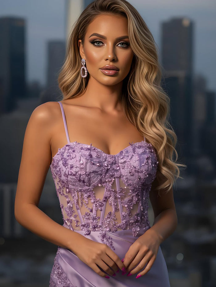 Lilac Satin Mermaid Prom Dress with Beaded and High Split LA73569