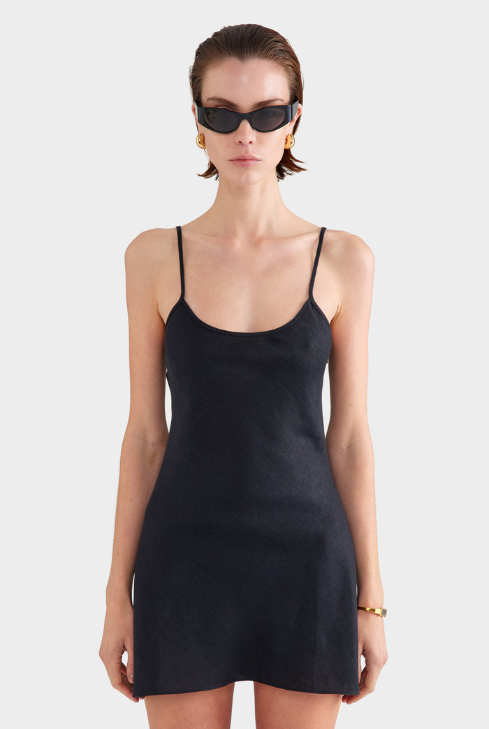 Linen Bias Mini Dress - Black