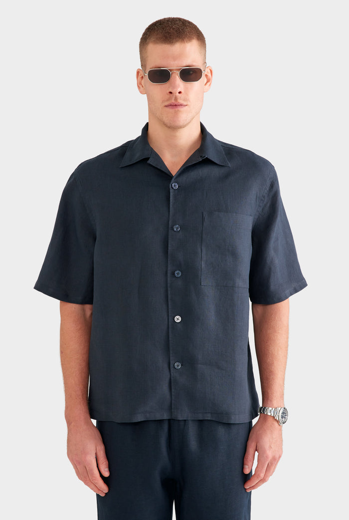 Linen Camp Collar Shirt - Navy