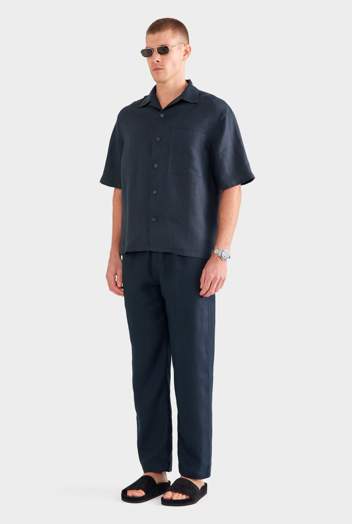 Linen Camp Collar Shirt - Navy