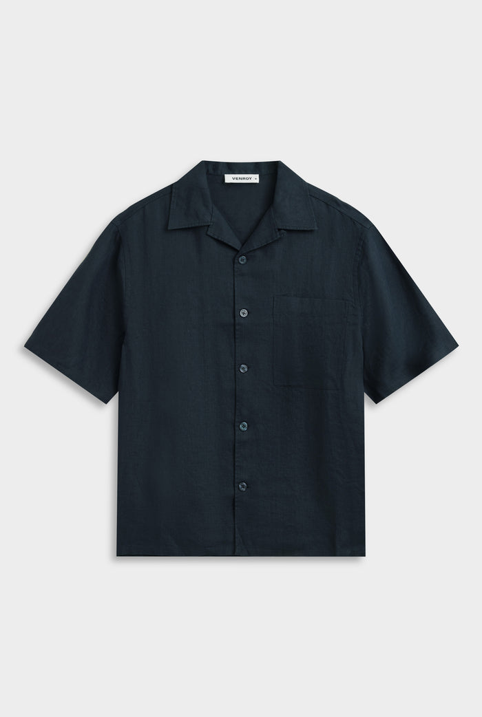 Linen Camp Collar Shirt - Navy