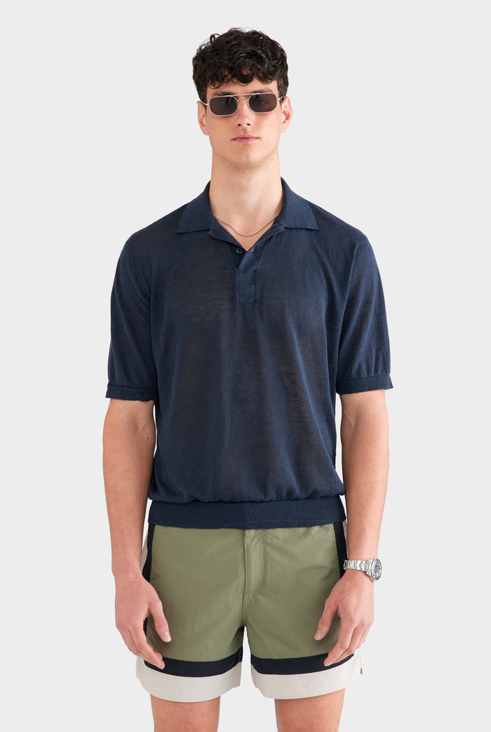 Linen Knit Polo - Navy