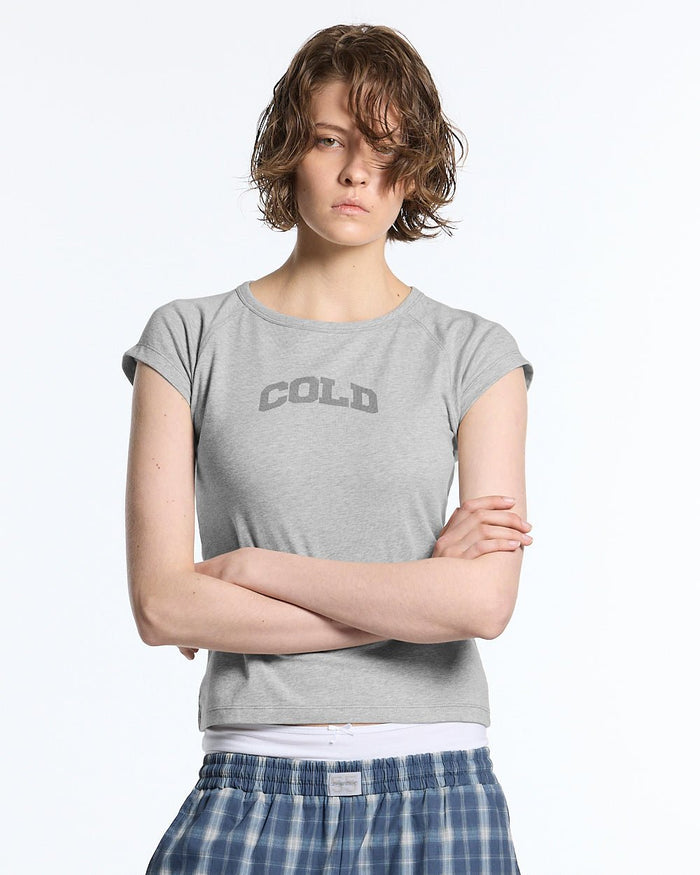 LITTLE BABY TEE HEATHER GREY - heather grey graphic baby tee, front view on female model - Cold Culture #woman
