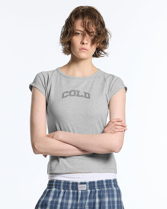 LITTLE BABY TEE HEATHER GREY - heather grey graphic baby tee, front view on female model - Cold Culture #woman