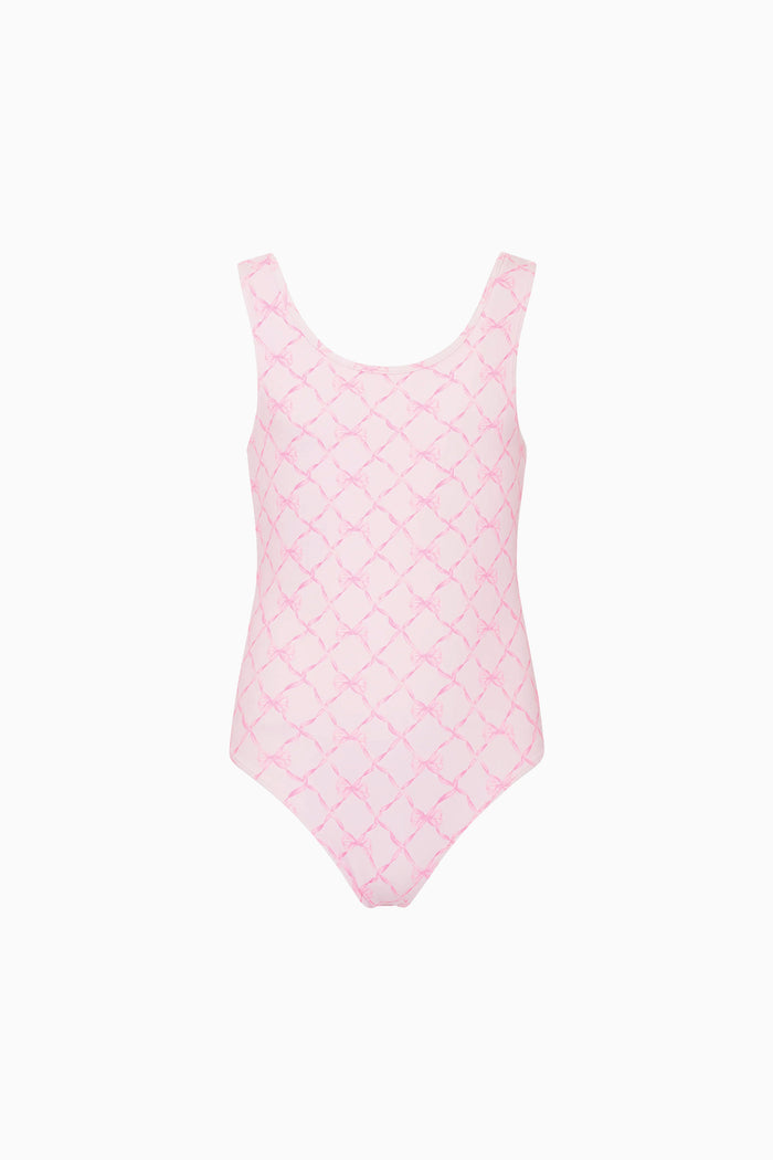 Pink bow patterned swimsuit on a white background