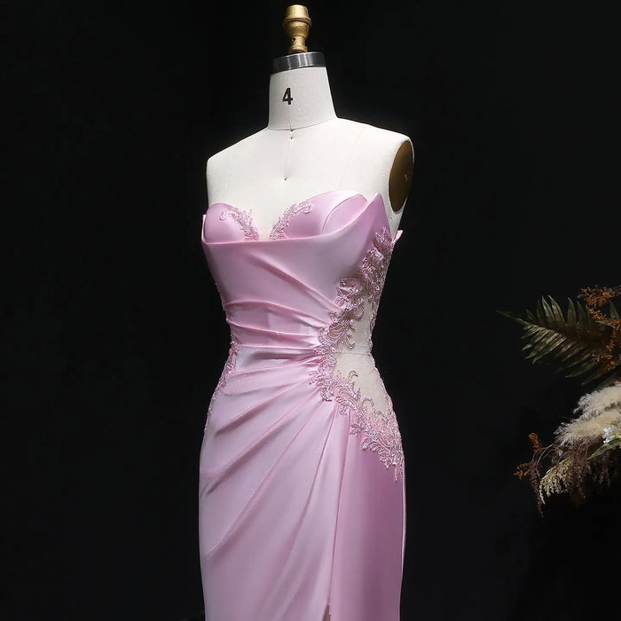 Long Mermaid Sexy Backless Pink Satin Prom Dress SH630 Sheer Fairy