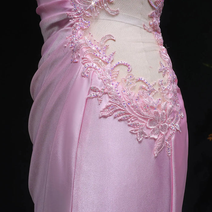 Long Mermaid Sexy Backless Pink Satin Prom Dress SH630 Sheer Fairy