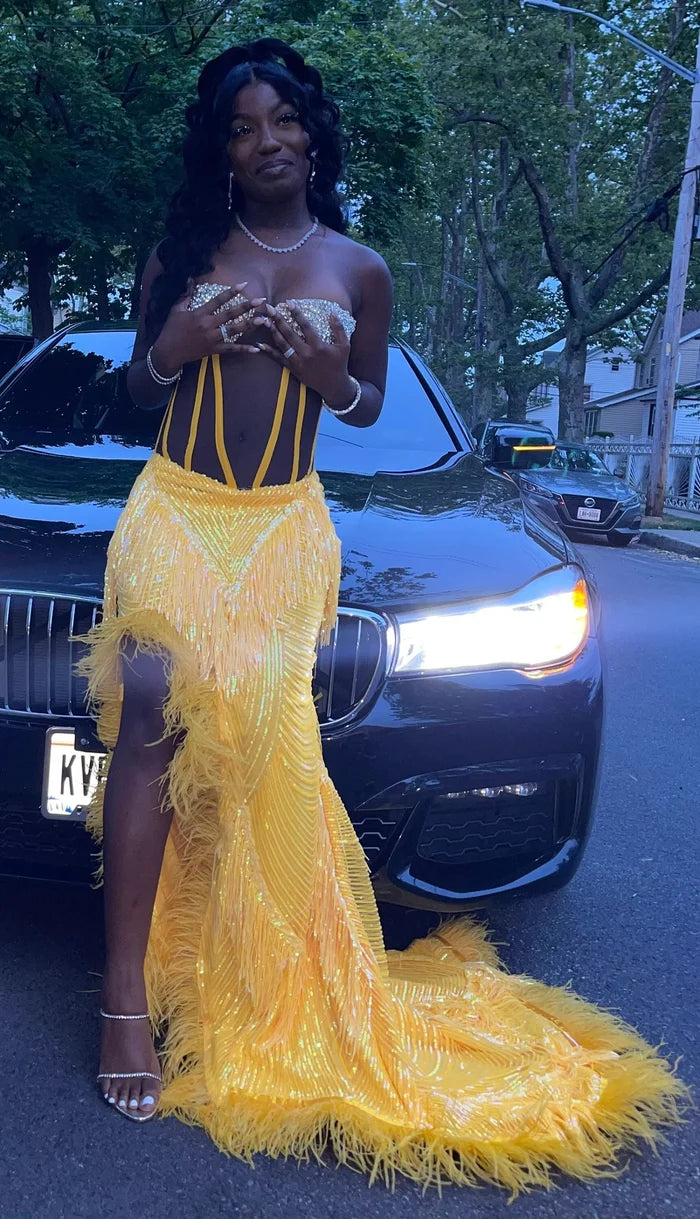 Long prom dress, sequins dress, mermaid dress, feathers prom dress
