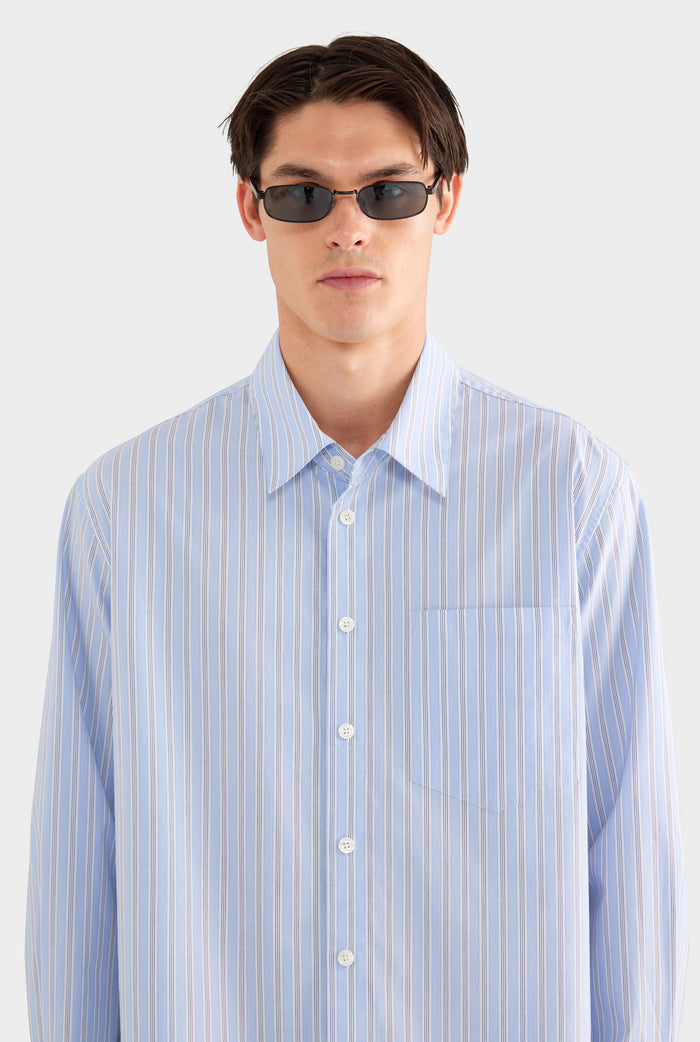 Long Sleeve Relaxed Cotton Poplin Shirt - Blue/White/Navy Stripe - XS
