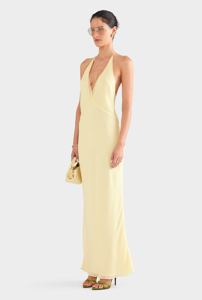 Low Back Layered Silk Halter Dress - Pastel Yellow