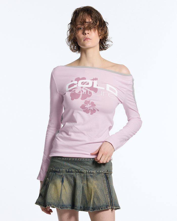 LUSH LONGSLEEVE TEE BABY PINK - baby pink off-shoulder longsleeve tee, front view on female model - Cold Culture