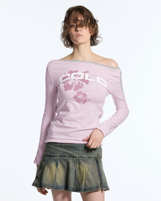 LUSH LONGSLEEVE TEE BABY PINK - baby pink off-shoulder longsleeve tee, front view on female model - Cold Culture