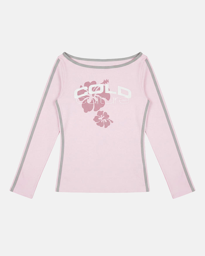 LUSH LONGSLEEVE TEE BABY PINK - baby pink off-shoulder longsleeve tee, front view - Cold Culture