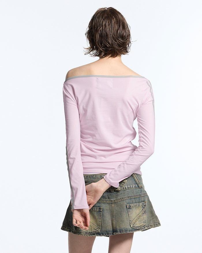 LUSH LONGSLEEVE TEE BABY PINK - baby pink off-shoulder longsleeve tee, back view on female model - Cold Culture