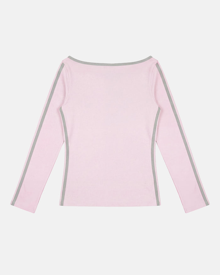 LUSH LONGSLEEVE TEE BABY PINK - baby pink off-shoulder longsleeve tee, back view - Cold Culture