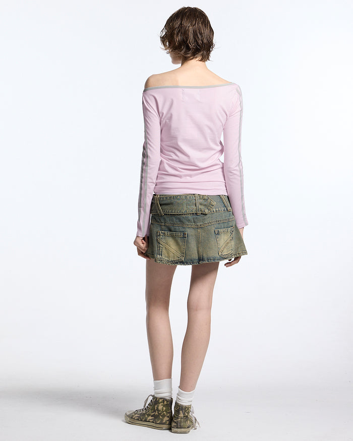 LUSH LONGSLEEVE TEE BABY PINK - baby pink off-shoulder longsleeve tee, back view on female model - Cold Culture