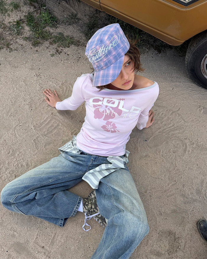 LUSH LONGSLEEVE TEE BABY PINK - baby pink off-shoulder longsleeve tee, street style shot - Cold Culture