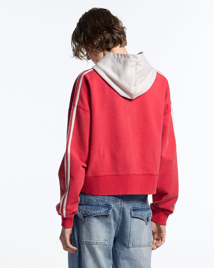 LUSH ZIP HOODIE RED - red cropped zip-up hoodie, back view on female model - Cold Culture