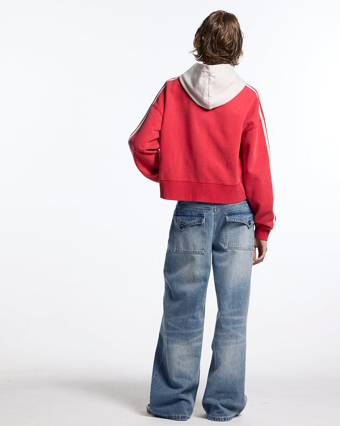 LUSH ZIP HOODIE RED - red cropped zip-up hoodie, back view on female model - Cold Culture