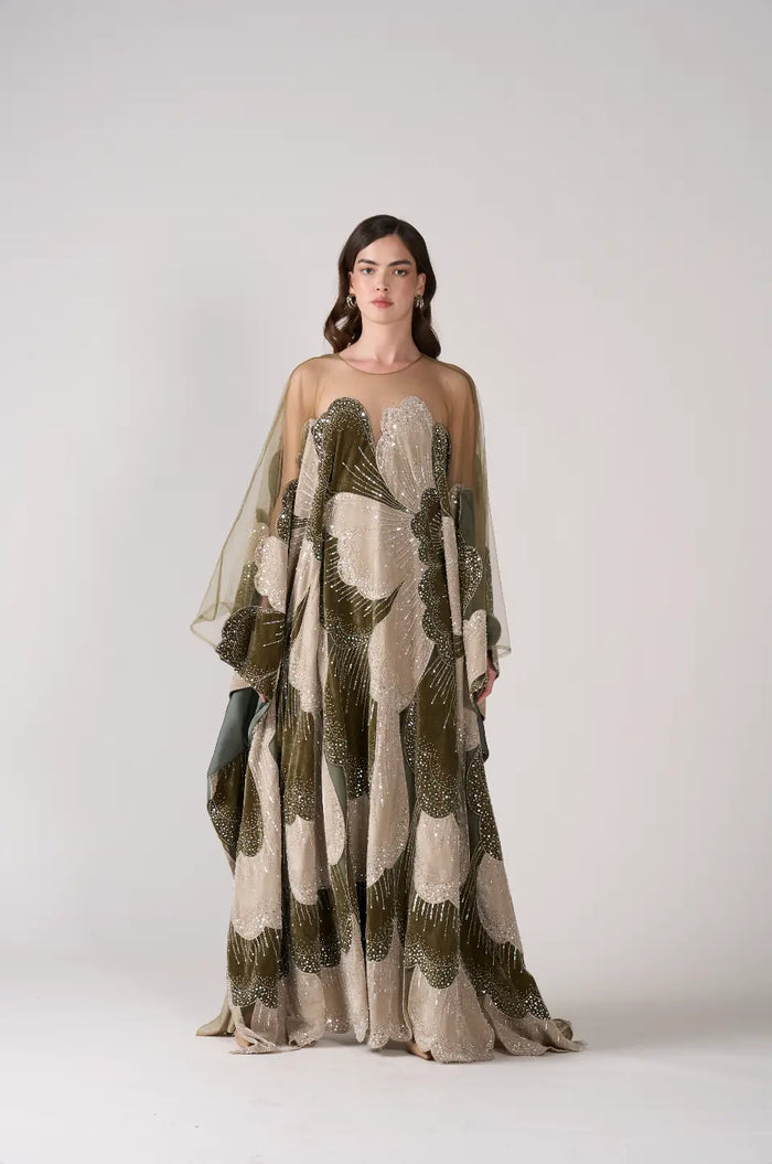 Luxurious Olive Green Velvet Beaded Kaftan Dress Sequined Petal Pattern Evening Abaya Maxi Gown SS669 Sheer Fairy