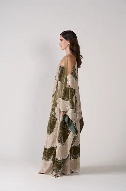 Luxurious Olive Green Velvet Beaded Kaftan Dress Sequined Petal Pattern Evening Abaya Maxi Gown SS669 Sheer Fairy