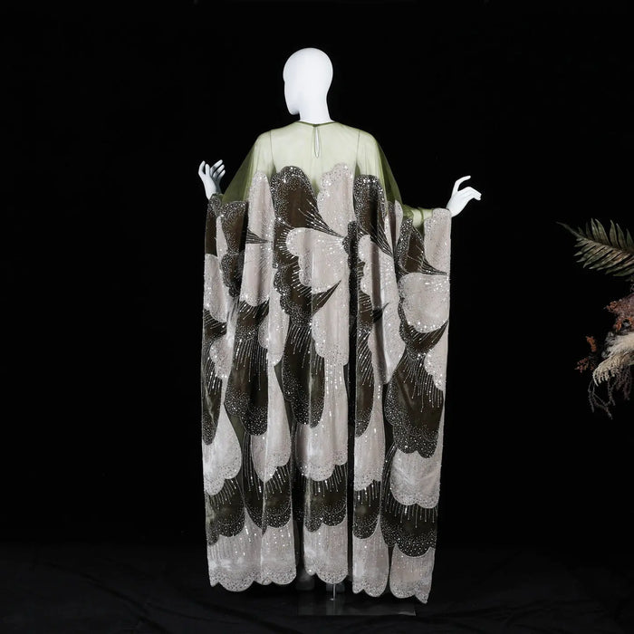 Luxurious Olive Green Velvet Beaded Kaftan Dress Sequined Petal Pattern Evening Abaya Maxi Gown SS669 Sheer Fairy