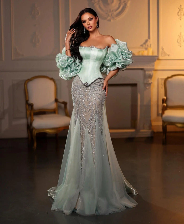 Luxury Aqua Off-the-Shoulder Mermaid Evening Gown with Ruffle Sleeves SS501 Sheer Fairy