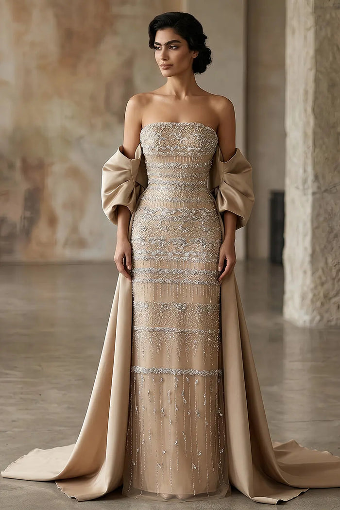 Luxury Beaded Off The Shoulder Sparkly Champagne Evening Dress SS238 Sheer Fairy