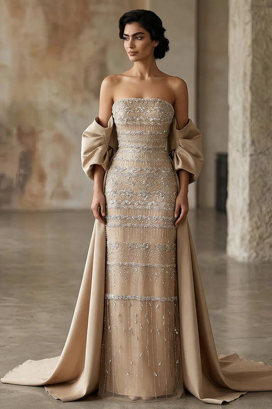Luxury Beaded Off The Shoulder Sparkly Champagne Evening Dress SS238 Sheer Fairy