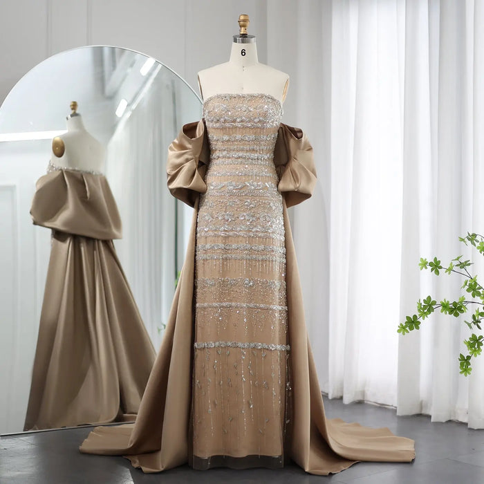 Luxury Beaded Off The Shoulder Sparkly Champagne Evening Dress SS238 Sheer Fairy