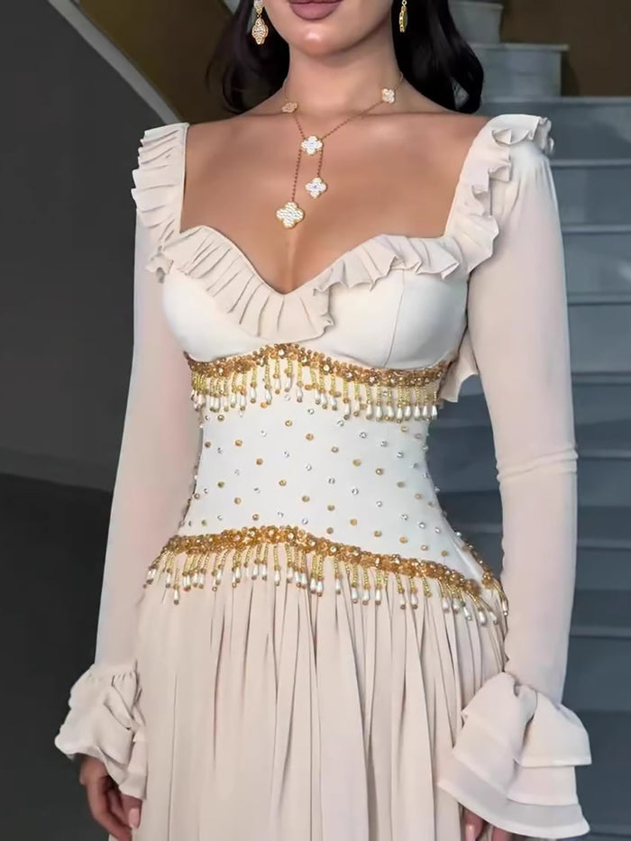 Luxury Beige Beaded A Line Evening Dress Long Sleeves LA73665