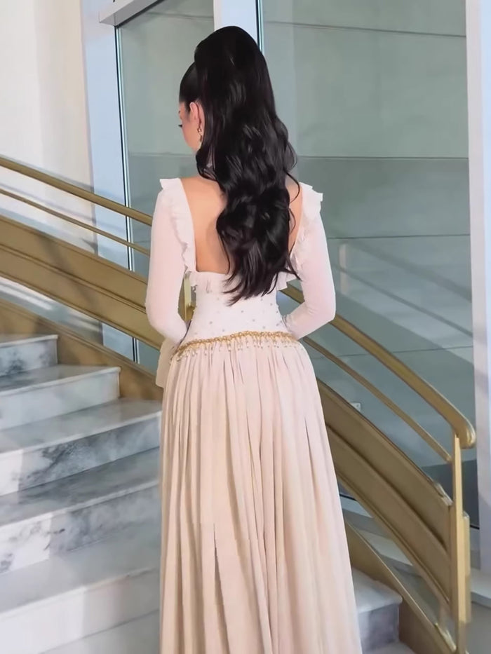 Luxury Beige Beaded A Line Evening Dress Long Sleeves LA73665