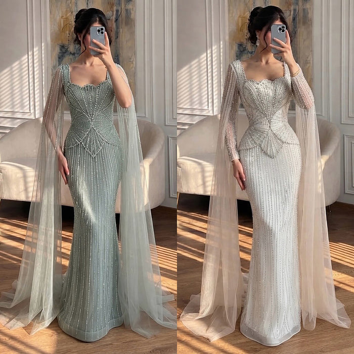 Luxury Beige Crystal Beaded Mermaid Gown with Split Cape Sleeves LA73333B SERENE HILL