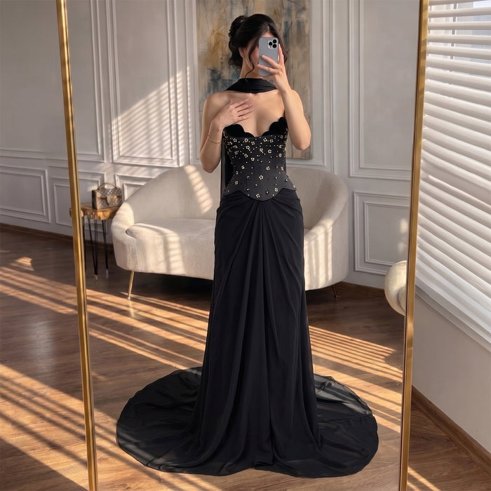 Luxury Black Chiffon Beaded Strapless A Line Evening Dress LA73728A SERENE HILL