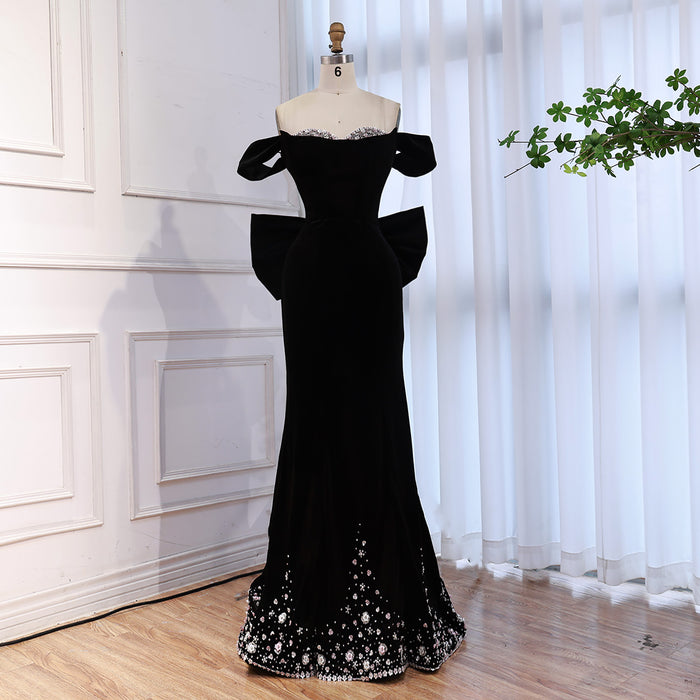 Luxury Black Off Shoulder Mermaid Evening Dress with Bow LA73581