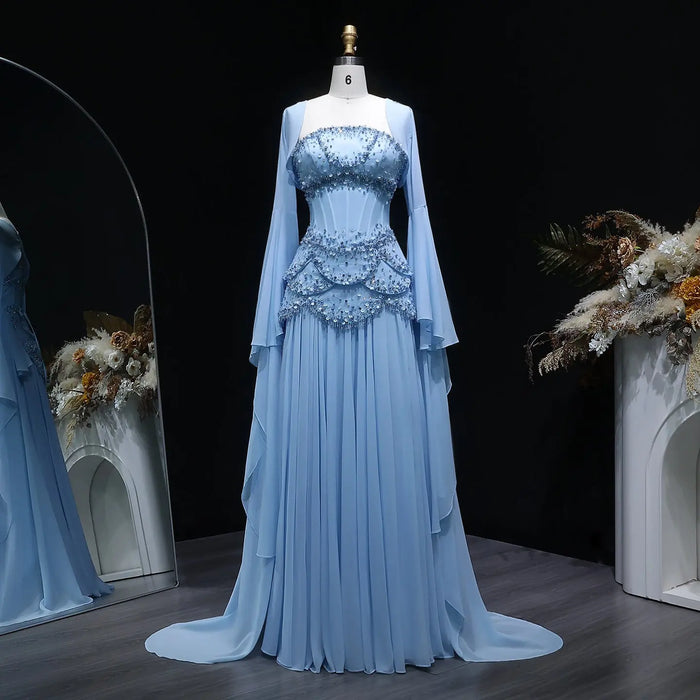 Luxury Blue Beaded Formal Evening Gown with Bell Sleeves SS286 Sheer Fairy
