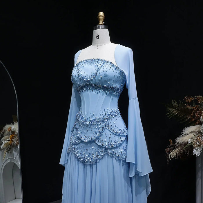 Luxury Blue Beaded Formal Evening Gown with Bell Sleeves SS286 Sheer Fairy
