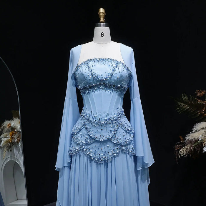 Luxury Blue Beaded Formal Evening Gown with Bell Sleeves SS286 Sheer Fairy